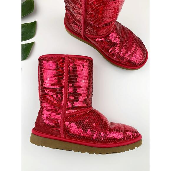 UGG Shoes - Ugg Classic Sequin Sparkle Boots Short Pink Ruby Red Plush Lining Women's 6